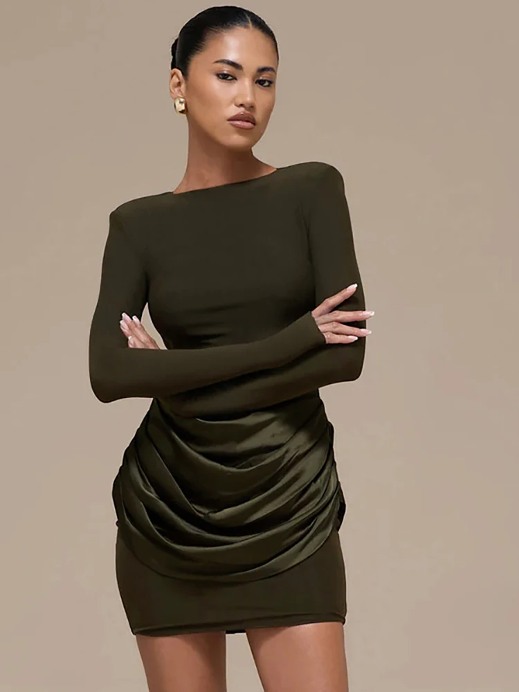 فستان JULISSA MO قصير من الساتان بأكمام طويلة مرقع للنساء بني برقبة دائرية وخصر عالي فستان شتوي نحيف أنيق للحفلات والنوادي #4