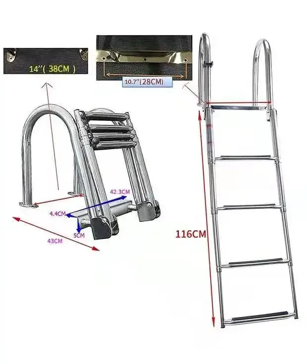 4 Step Pontoon Boat Ladder Stainless Steel  Ladder Folding Over Dock Swimming Boat Ladder