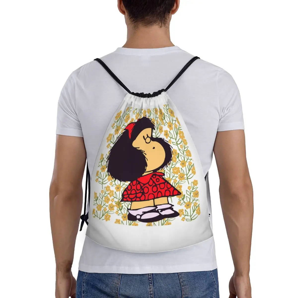 Aangepaste Mafalda en bloemen tas met trekkoord heren dames lichtgewicht Argentinië Manga Quino cartoon sport gym opslag rugzak