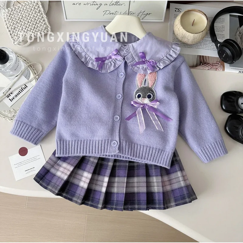 

GirlsjkSuit Spring and Autumn2024New Preppy Style Knitted Cardigan Pleated Skirt Three-Piece Set