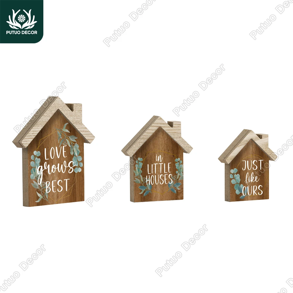 Putuo Decor 3pc House Shape Wooden Table Decoration, Suitable for Family Farmhouse, Living Room and Bedroom Ornaments, Gifts