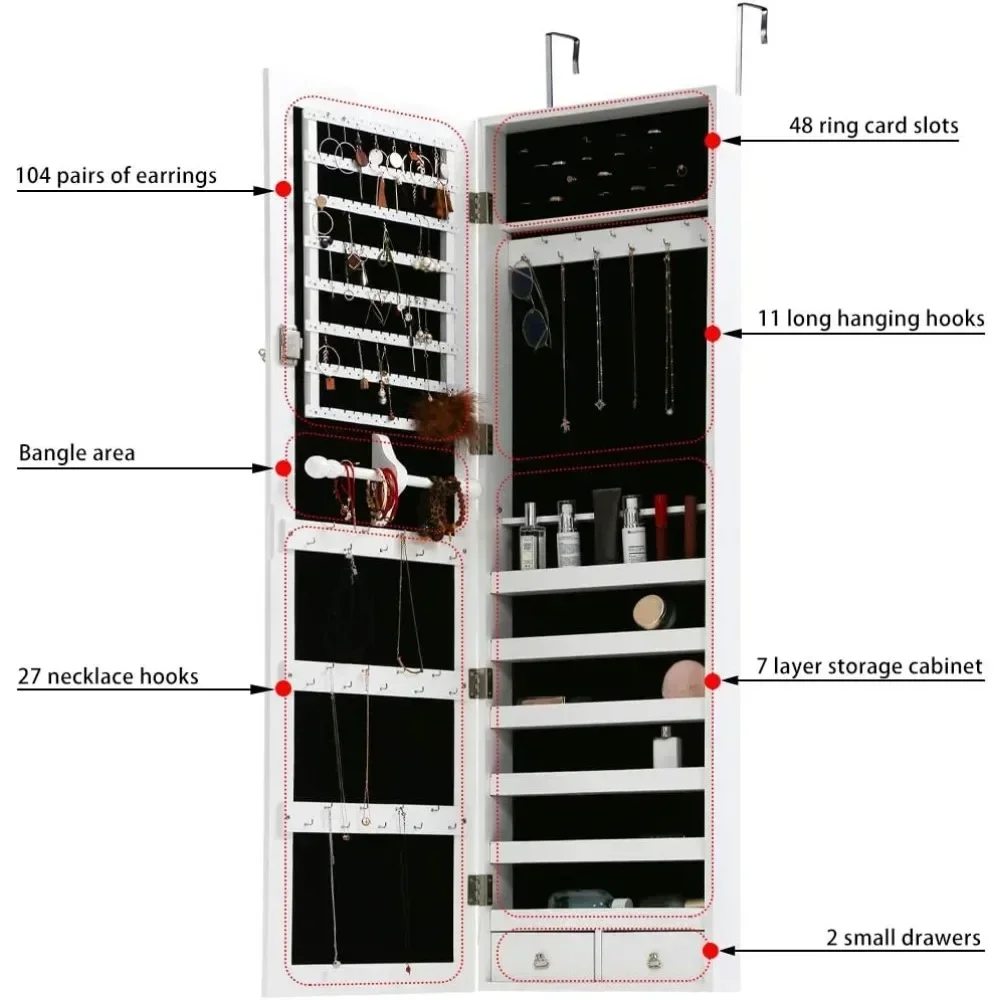 Sieradenkast Wand/Deur Gemonteerd Afsluitbare Sieraden Armoire Organizer Met Spiegel Met 2 Laden 6 Planken Spiegel Hoge Capaciteit