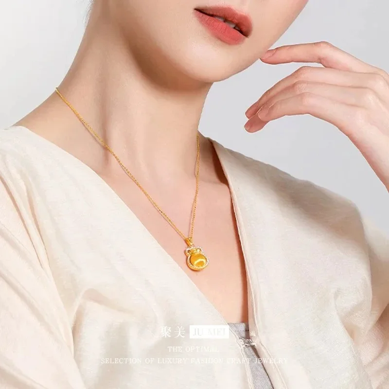 Luxury 24K 9999 Pure Gold real gold Women's Rotatable Brushed Drill Bag Pendant Necklace
