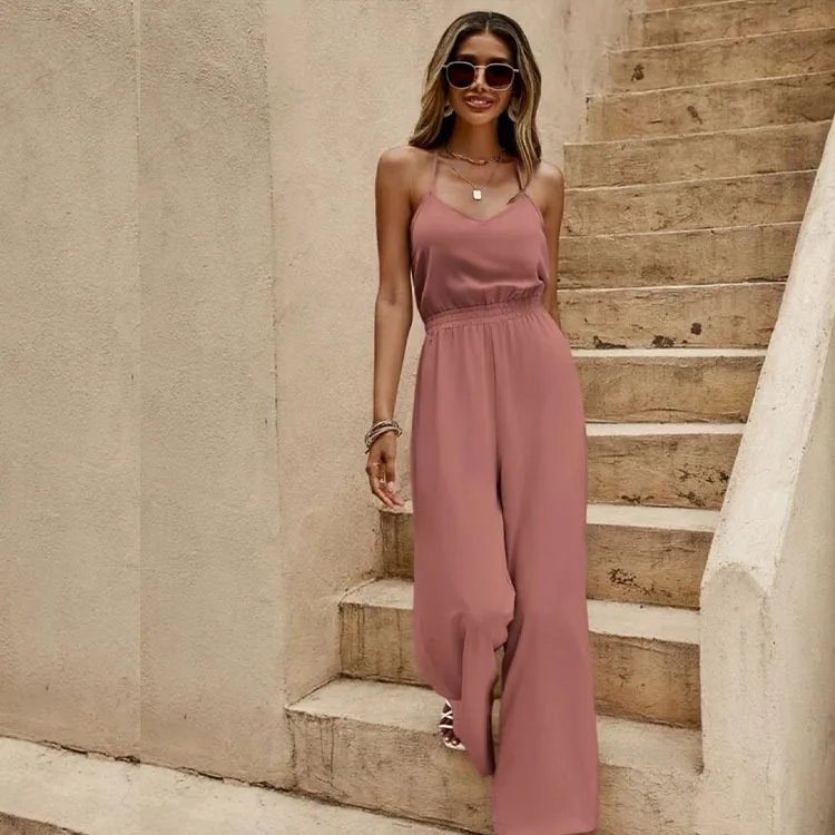 

Sexy backless deep V-neck camisole jumpsuit 2025 spring/summer women's jumpsuit fashionable lace up waist pants
