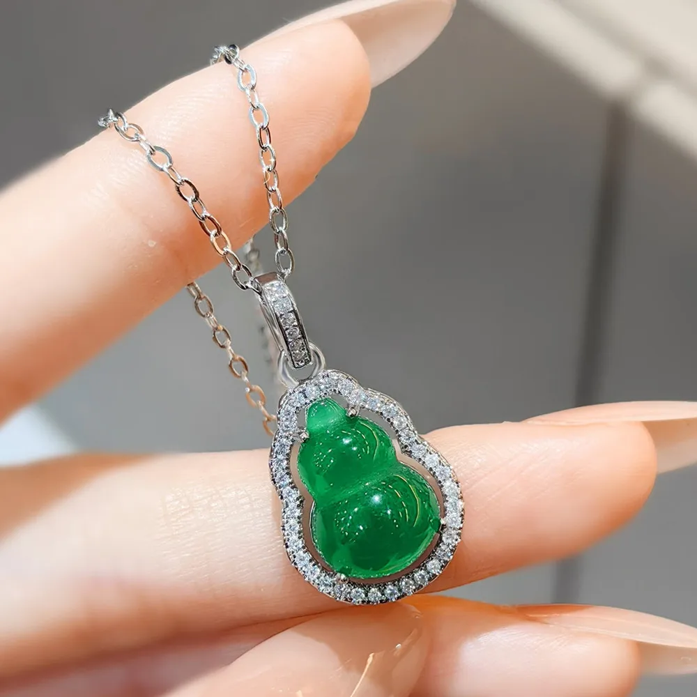 Natural Green Agate Emerald Gemstones Calabash Pendant Necklaces for Women 18K White Gold Filled Silver 45CM Chain Choker Gifts