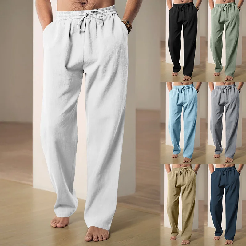 Men's Cotton Linen Long Pants Summer Solid Color Breathable Linen Trousers Male Casual Elastic Waist Casual Pants Harajuku Trous