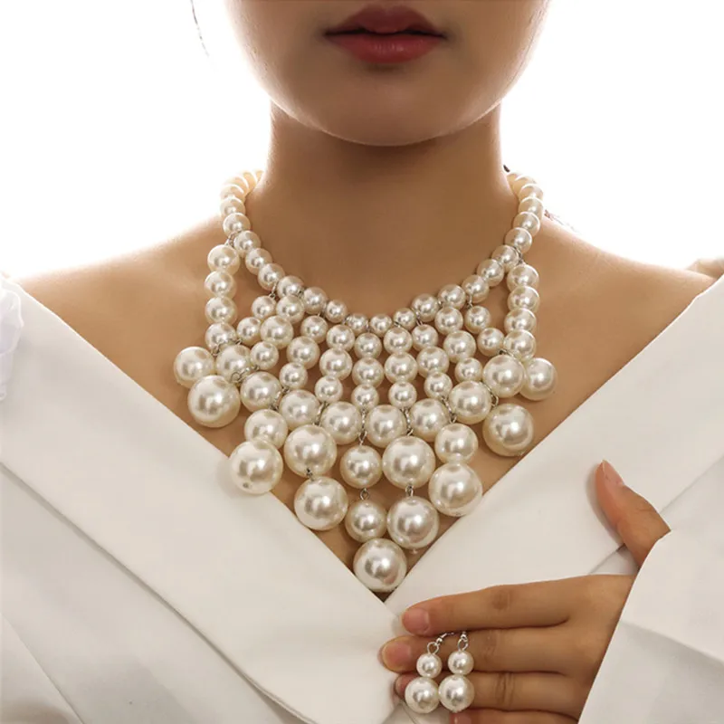 Kymyad Ethnic Style Handmade Jewelry Sets Simulated Pearl Tassel Chains Necklace Earrings Set For Women Bijoux Statement Collar