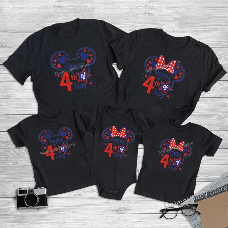 Funny Disney Happy 4th Of July Shirts Mickey and Minnie Family Matching Outfits Look Independence Day Trip Tshirts Clothes