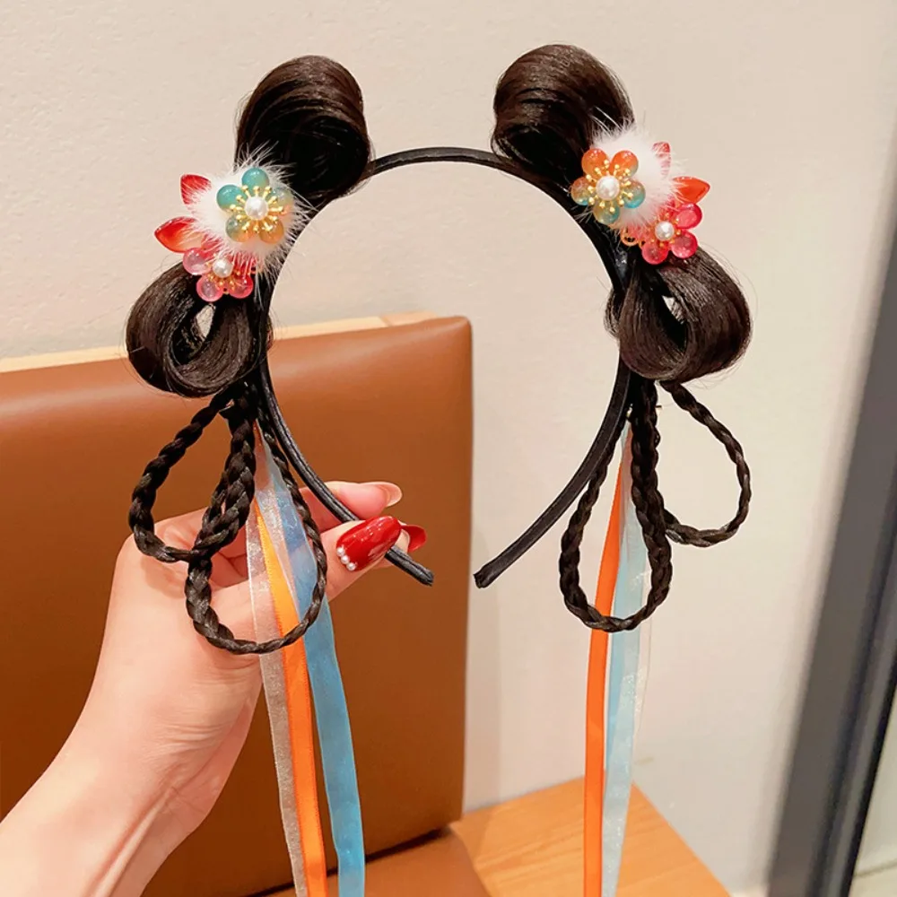 

Детский головной убор с цветами и косами, ободок для волос в стиле Тан, украшение для волос на Китайский Новый год, с кисточками, в старинном стиле, шпильки для волос в стиле Ханьфу