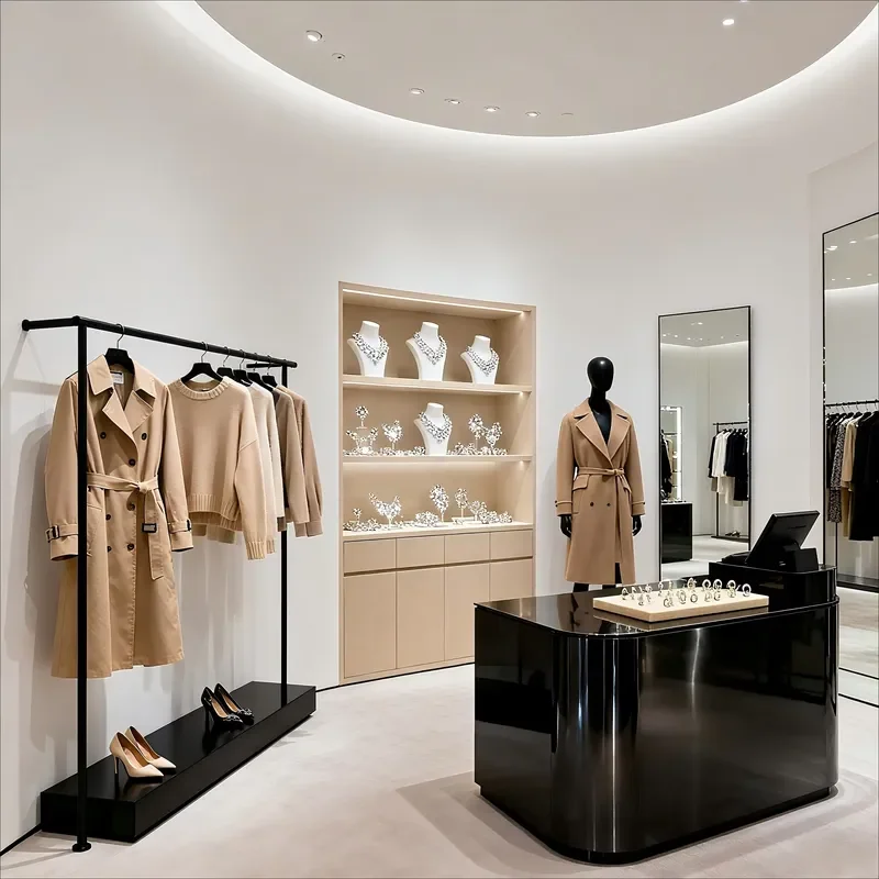 Modern Clothing Display Cabinet Glass Showcase with LED Lighting for Retail Store Jewelry Display Hanging Clothes Open