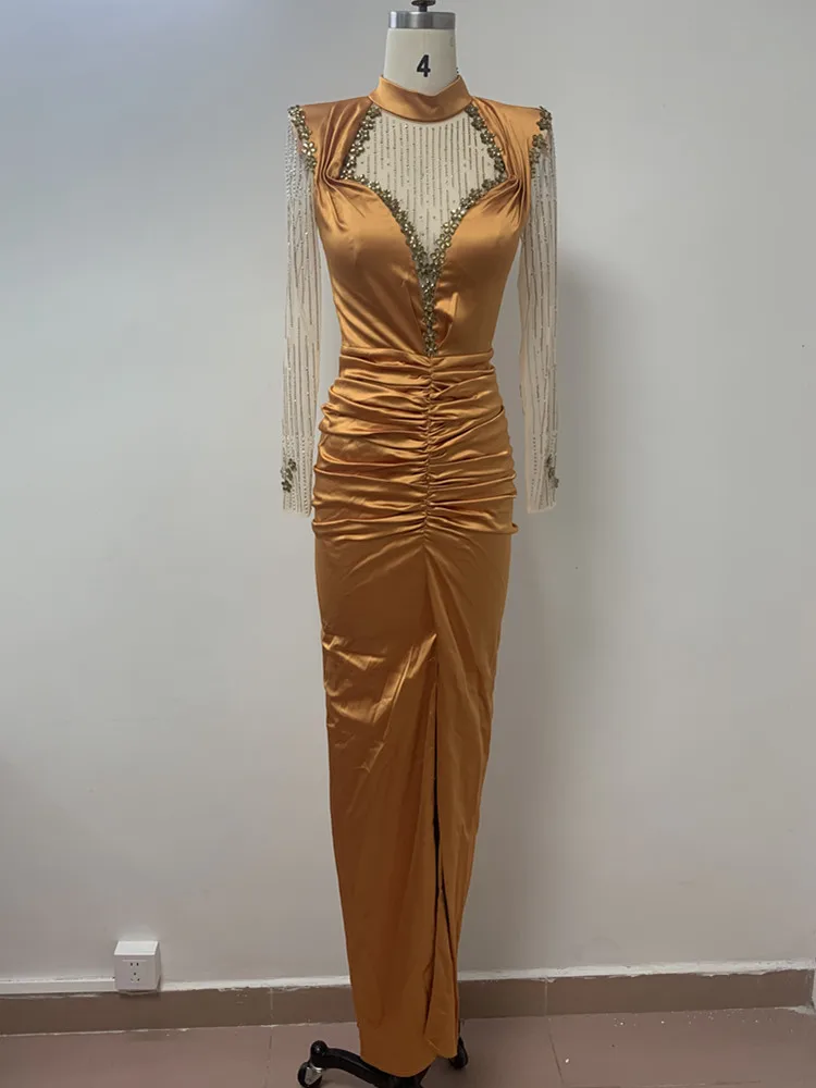 New Women Luxury Sexy Crystal Rhinestone Gold Long Sleeve Maxi Dress 2023 Elegant Party Evening Stage Performance Dress Vestido