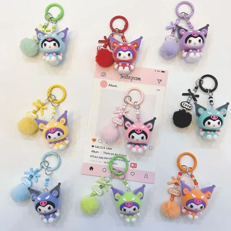 Fashion Kuromi Figure Resin Key Chain Cute Cartoon Print 3D Keyring for Teen Ladies Backpack Pendant Decorative Phone Strap