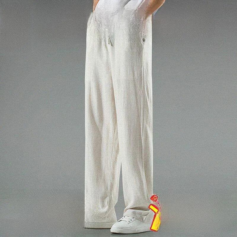 Men's Summer Loose Fit Linen Cotton Pants Breathable Casual Straight Leg Hanfu Clothing Comfortable Durable Lightweight