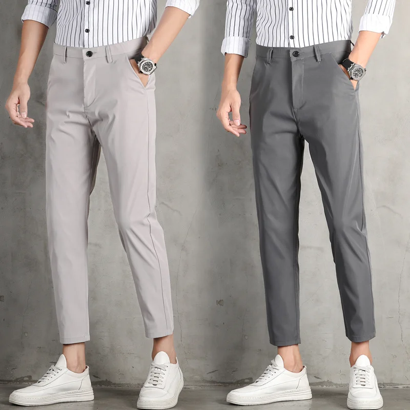 Spring Summer Ice Silk Thin Casual Young Men\'s Slim Fit Suit Pants Solid Button Zipper Pockets Versatile Straight Loose Trousers