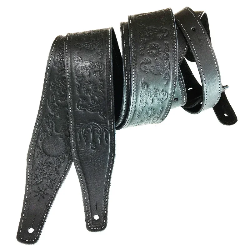 Retro Embossed Guitar Strap Durable High-end Cowhide Leather Shoulder Belt for Electric Acoustic Bass Guitar Gig