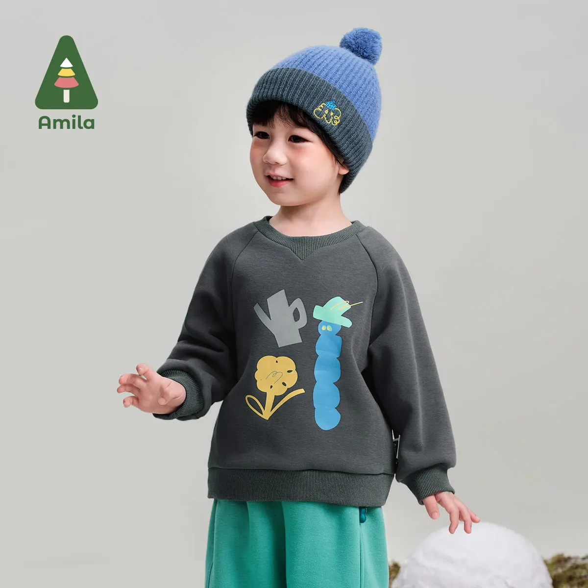 Amila Baby Sweater 2024 Winter New High Quality Contrast Color Cartoon Plus Velvet Warm Soft Skin-Friendly Children‘s Pullover