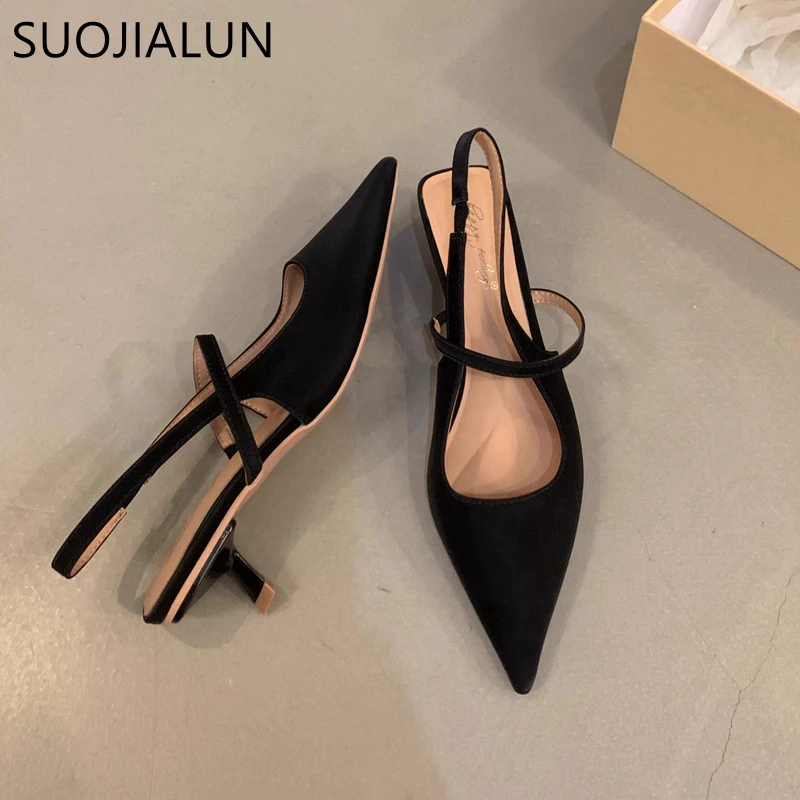 SUOJIALUN 2024 Spring New Brand Women Sandal Fashion Pointed Toe Shallow Slip On Slingback Shoes Thin Med Heel Outdoor Dress Mu