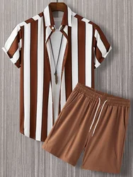 2024 street personality men's suit short-sleeved striped shirt + casual shorts daily niche men's summer shirt beach shorts men