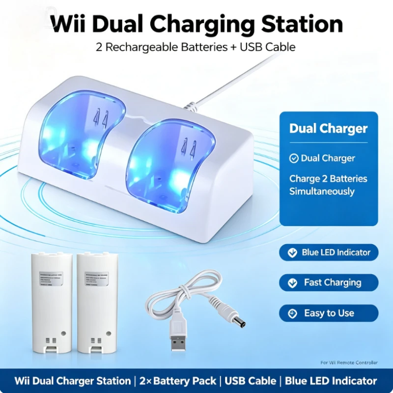 2800mAh Rechargeable Battery for Wii Gamepad 2 Ports Dual Remote Charger Dock for Wii Charging Battery Station