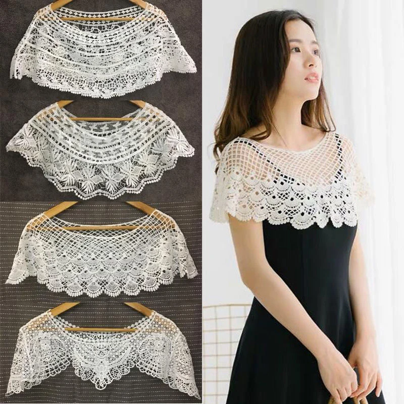 

White Knitted Lace Collar Hollowed-Out Neck Jacket Strapless Flower Shawl Women'S Clothing Sewing Vest Lace Short Coat Blouse