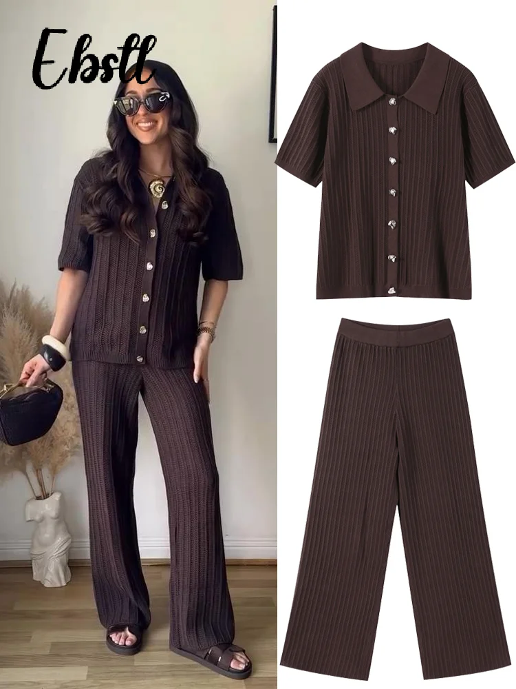 

Вязаный однобортный топ, брючный костюм, женский повседневный кардиган с лацканами и короткими рукавами, длинные брюки с эластичной резинкой на талии, новинка 2023 года, наряды