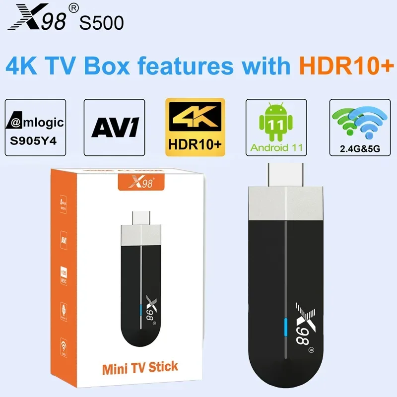 

X98 S500 TV Stick2/4G 16/32G Android 11 Amlogic S905Y4 Quad Core 4K 60fps H.265 2.4G/5G Wifi BT Dongle AV1 HD Media Player