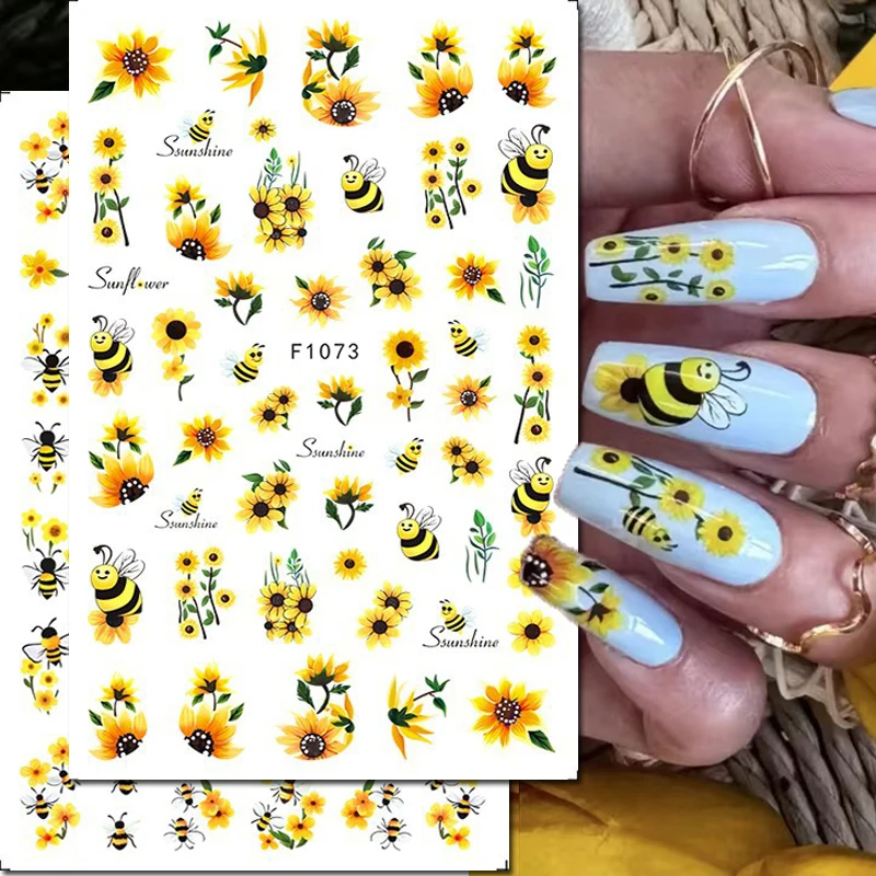 3d Nail art Stickers Yellow Florals Sunflowers Bees Sliders Decals For Nail Decorations Manicures Beauty