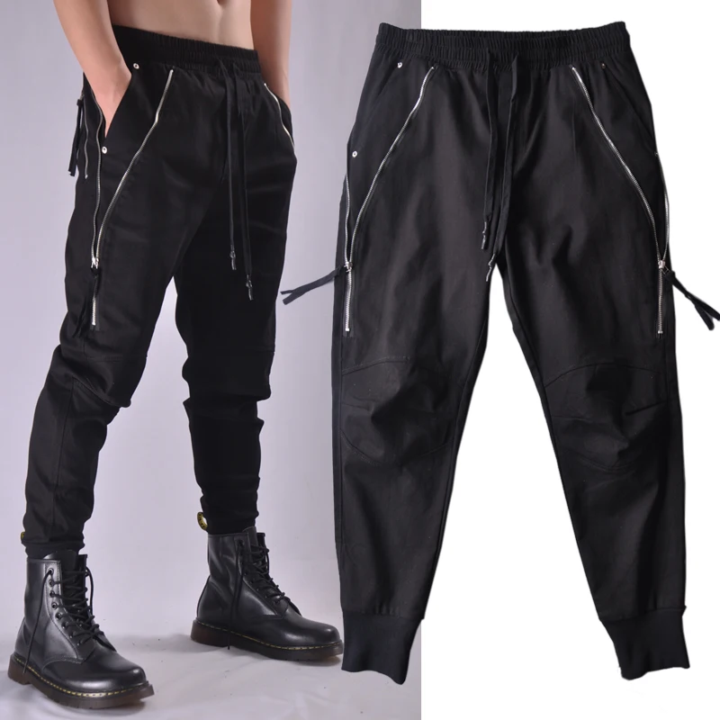 

Free shipping New Men's Male Black Original Design Punk Casual Personality Zipper Small Feet Harem Pants Strappy Overalls Trend