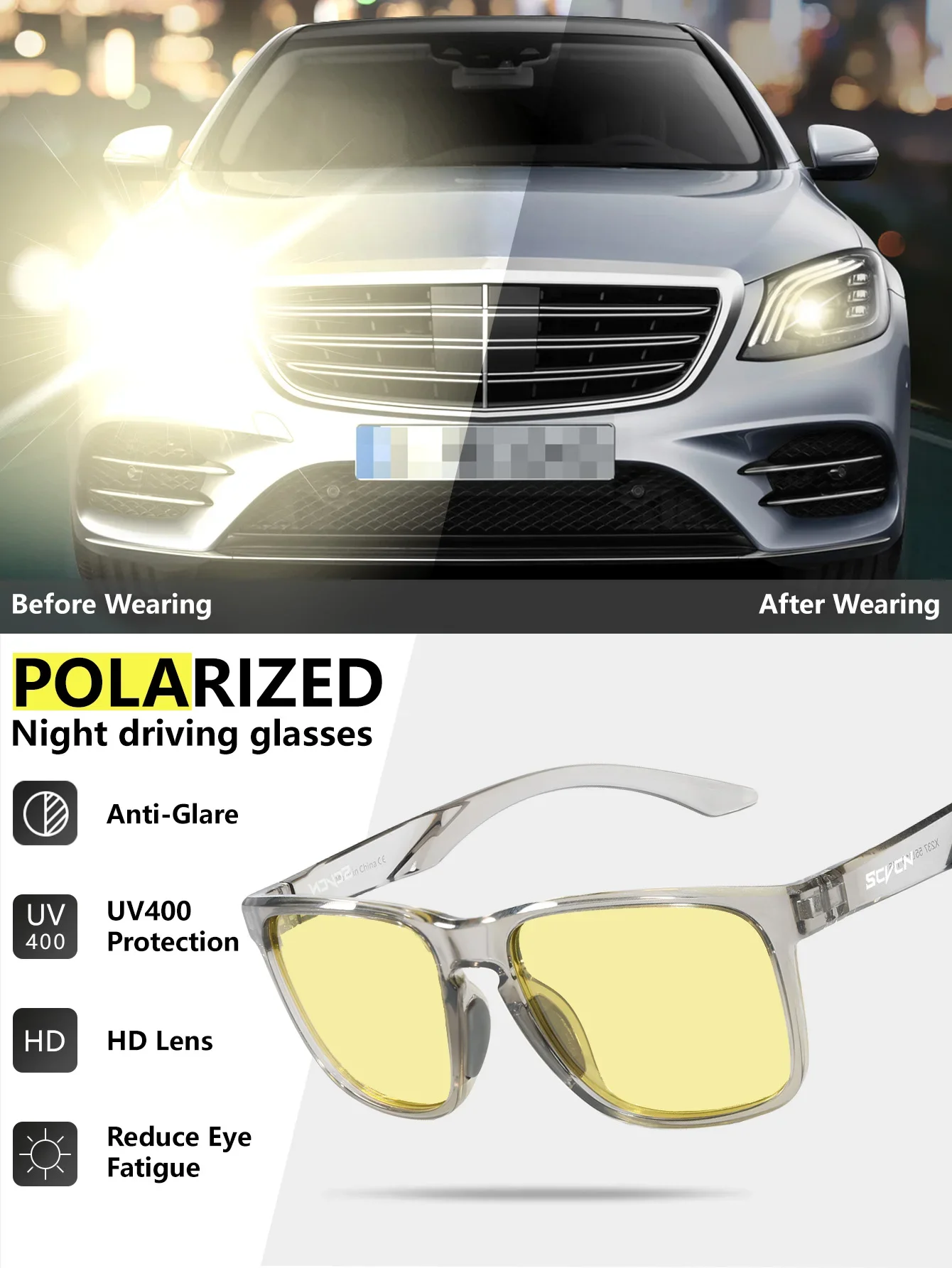 SCVCN Polarisierte Nachtfahrbrille mit Gelben Gläsern, Blendschutz für Angeln, Radfahren, Outdoor-Sport, Camping und Laufen – Detail 7
