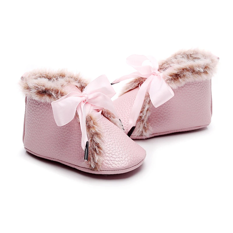 Baby Winter Warm First Walkers Little Boys Girls Child Bandage Shoes Fuzzy PU Leather Soft Sole Anti Slipped Plush Shoes