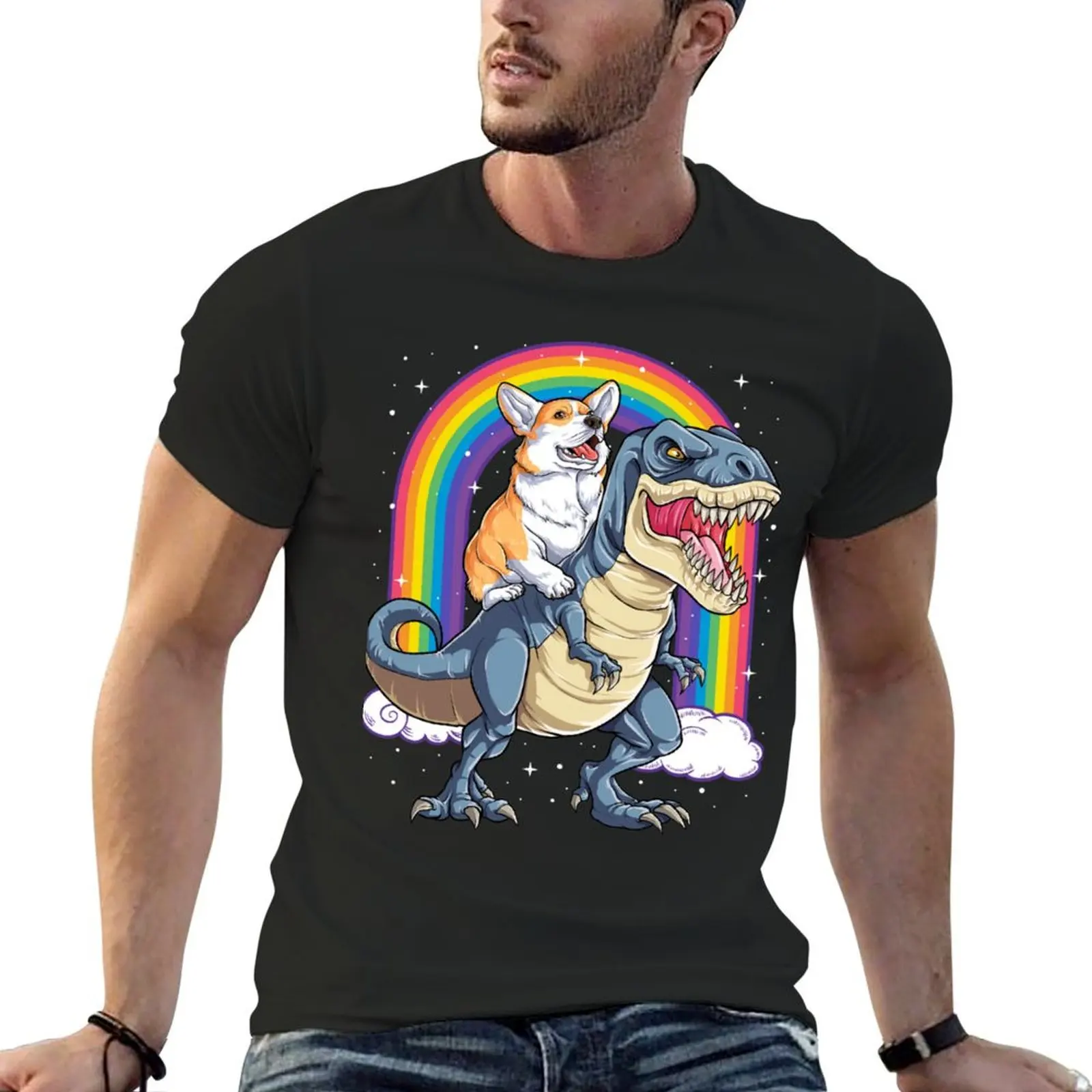 

Corgi Riding Dinosaur T rex Funny Rainbow Dog T-Shirt boys whites quick-drying graphic tee shirt designer t shirt men
