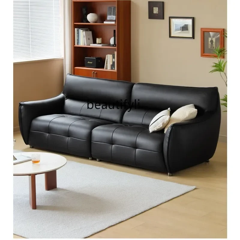 

Leather art sofa black ecological leather living room retro style three-person high backrest straight row sofa