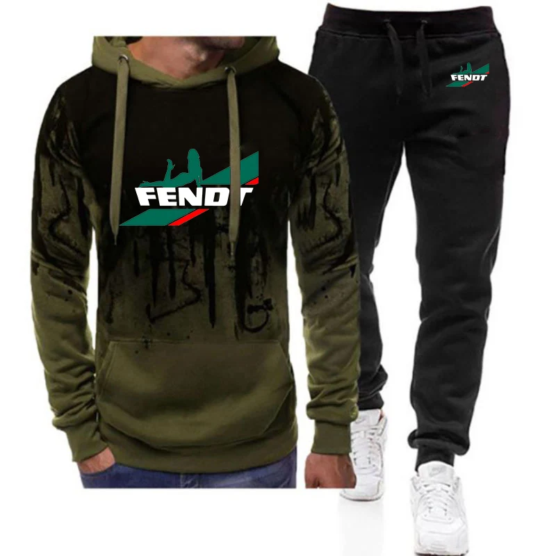 

Spring Autumn 2026 Tractor FENDT Logo Print Men's Daily Commute Handsome Gradient Color Hoodies Drawstring Pants Suits