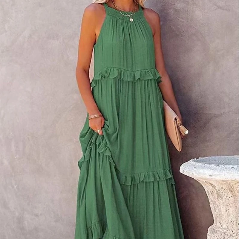 New Summer Vacation Wind Lotus Leaf Edge Long Dress for Women, Modern Dance Performance Dress, Swinging Elegant Beach Skirt