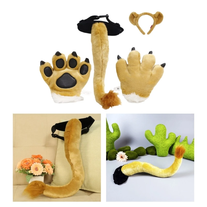 Löwe Kostüm Set Ohren Stirnband Schwanz Pfote Plüsch Tier Kostüm Zubehör Kinder Halloween Cosplay Zubehör