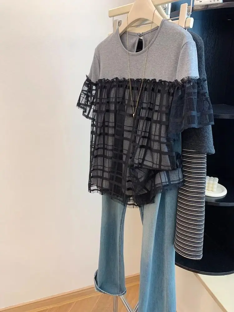 

plus Size 300 Pounds Women's T-Shirt Korean Design Mesh Splice Fake Two-Piece Short Sleeve Belly Covering Slimming Top Summer