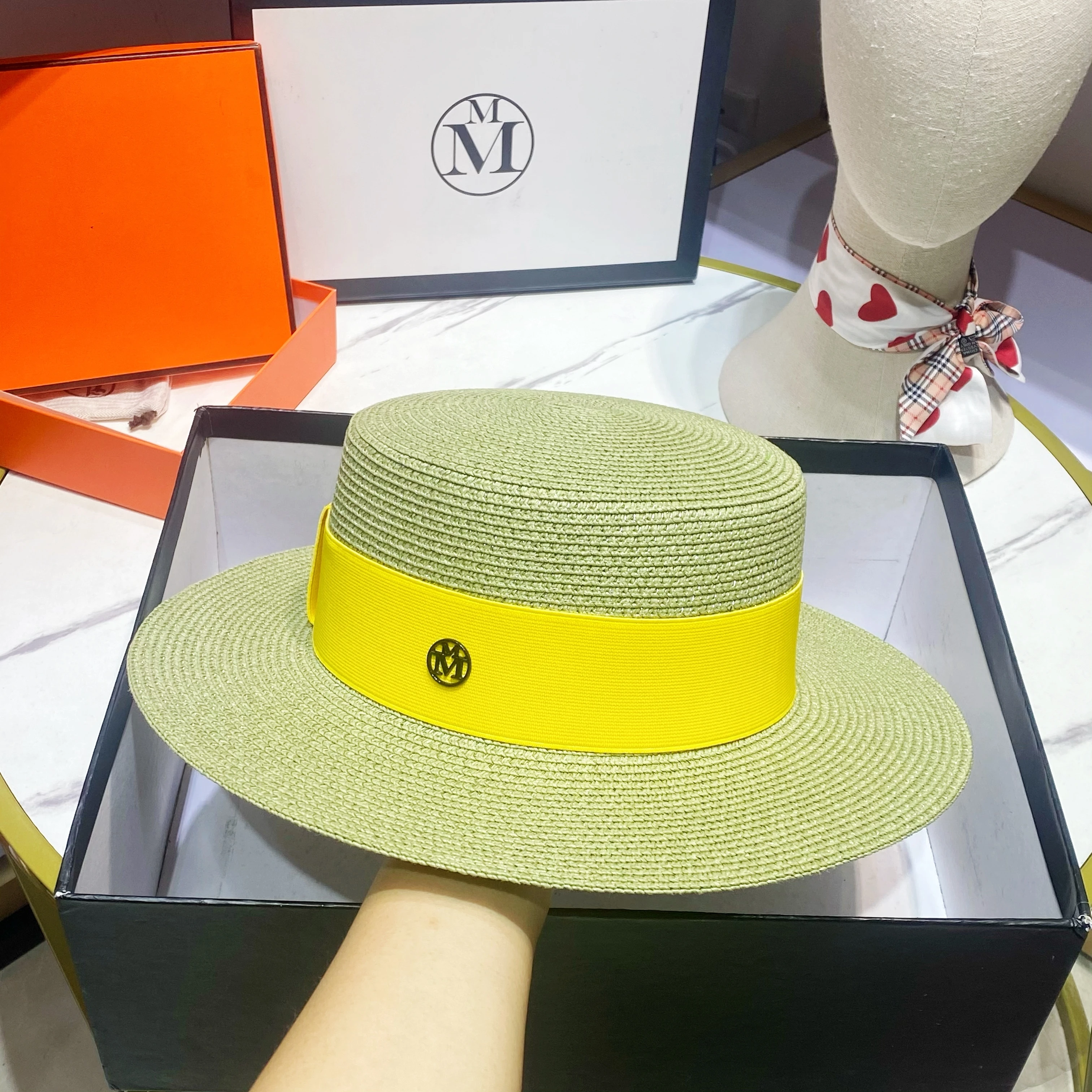 Orange Straw Hat 2023 Colorful Elastic Ribbon Accessories Women\'s Summer Flat Top Straw Hat Sun hat шляпа