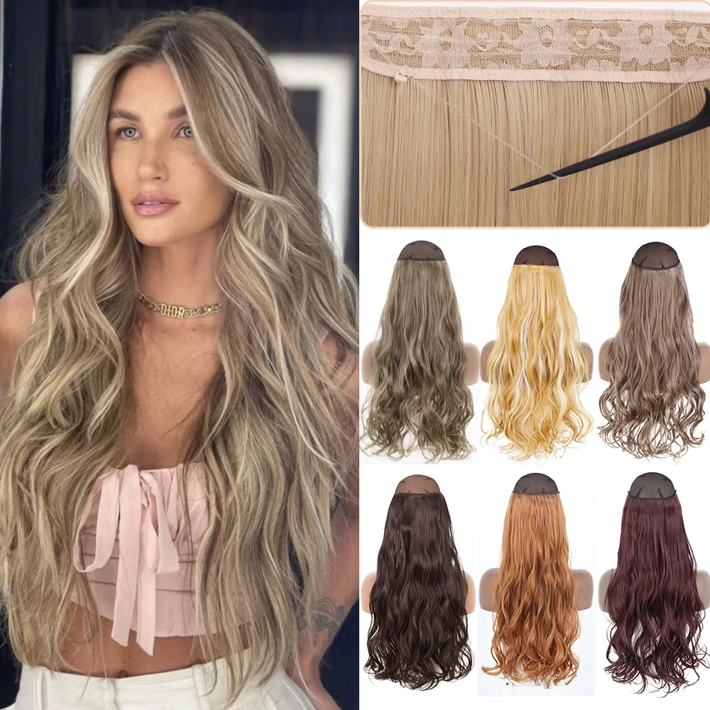 Synthetic No Clip Wavy Hair Extensions Artifical Natural Brown Blonde Invisible Line Long Hairpiece For Women