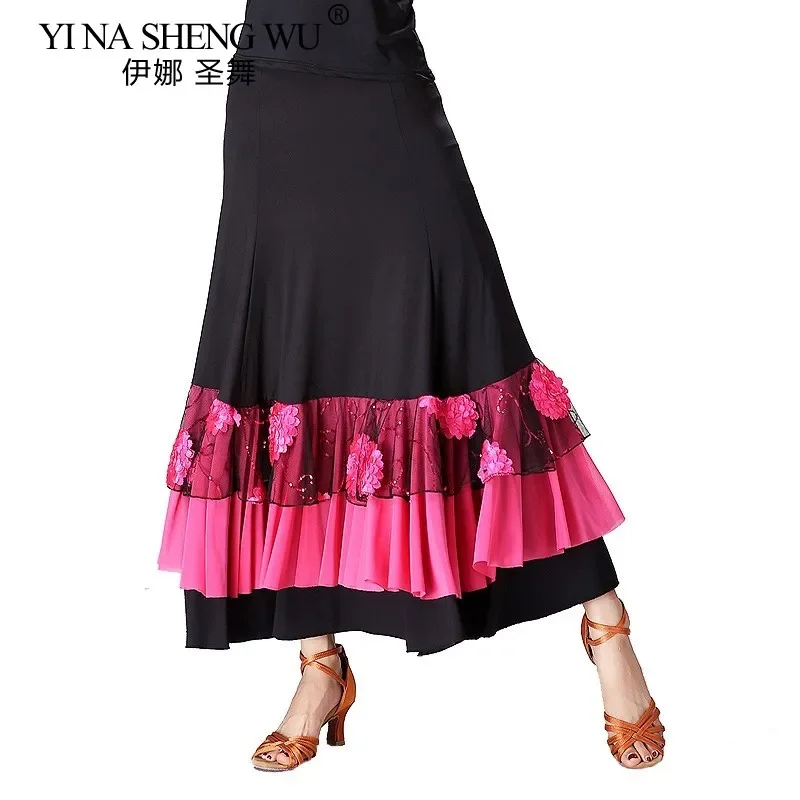 Falda de Flamenco para mujer, vestido de práctica de danza moderna, falda con borde con volantes bordado de flores de Tango para danza moderna para adultos