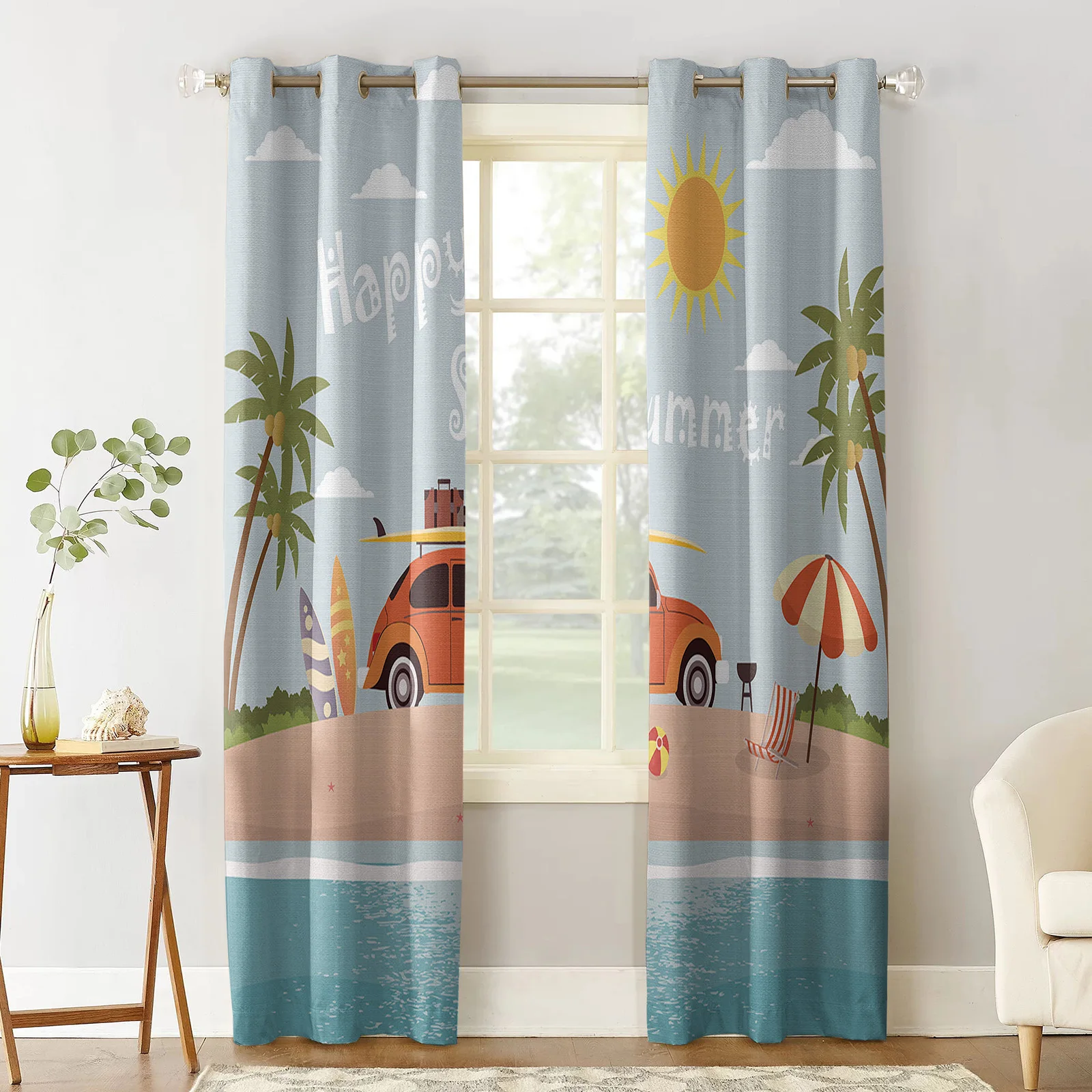 Beach Surfing Palm Trees Window Curtains for Living Room Bedroom Kitchen Modern Curtains Home Decoration Drapes Blinds