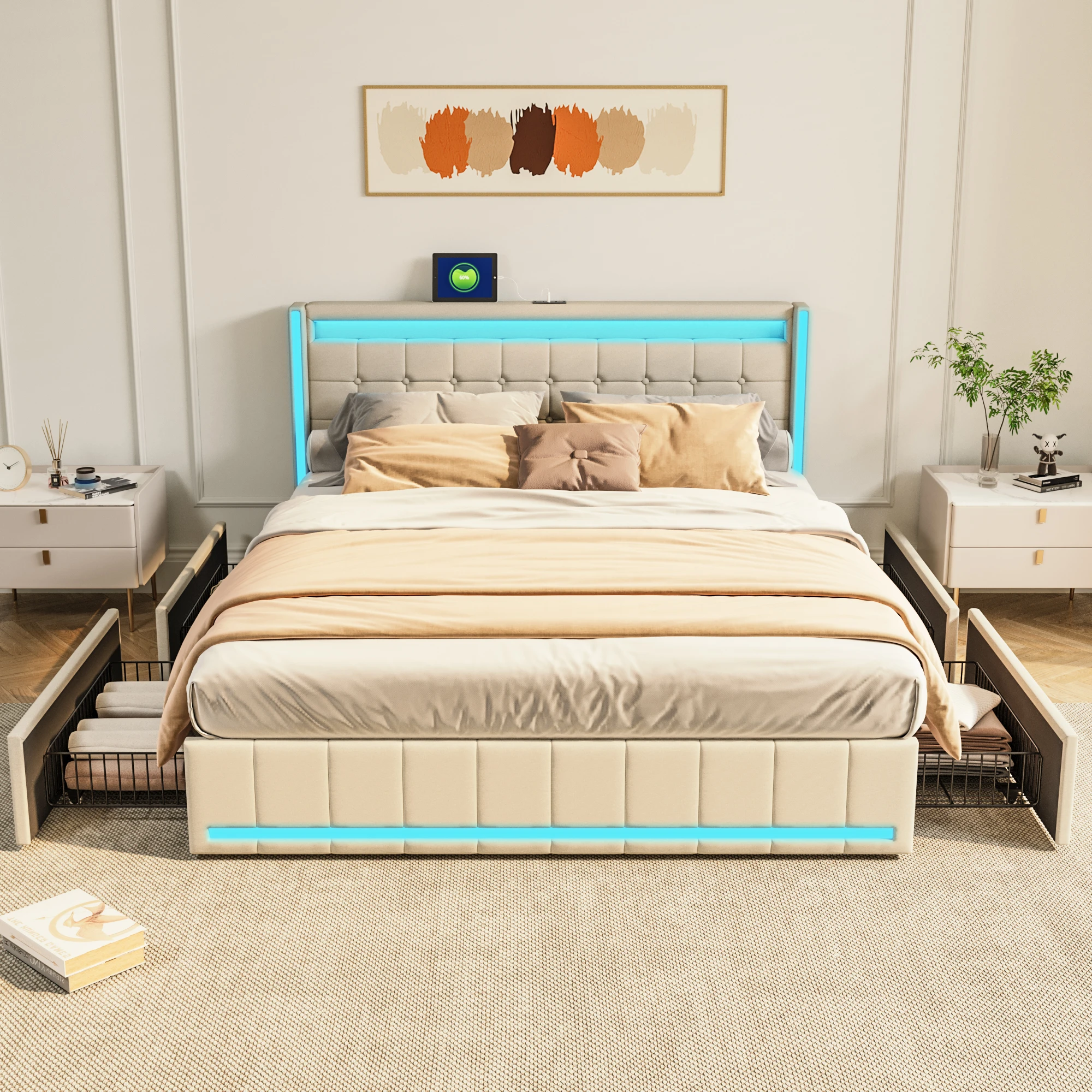 Upholstered Bed 160 X 200 cm With 4 Drawers,Double Bed with LED Headboard with USB Charging Function,without mattress