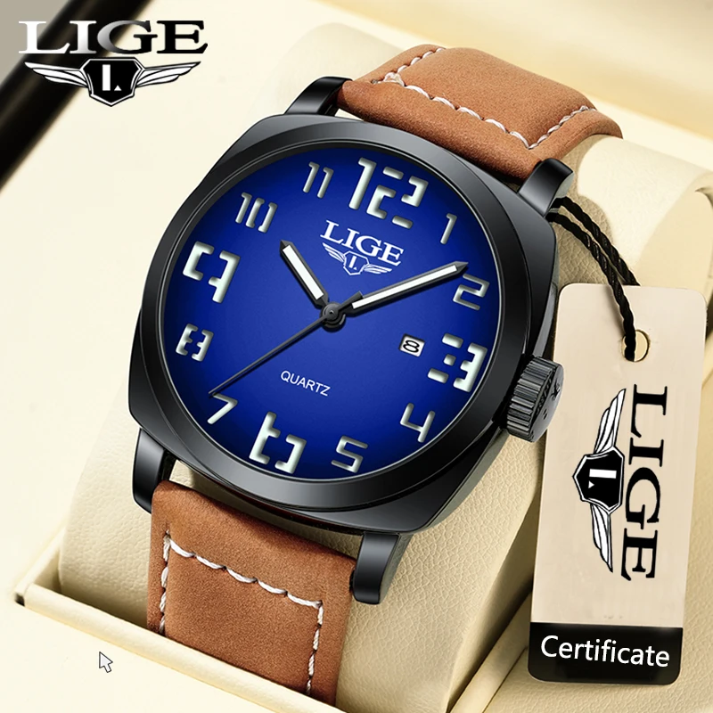 

LIGE 2025 Новые кварцевые наручные часы Модные повседневные роскошные мужские часы 30 м Водонепроницаемые светящиеся кожаные мужские часы с датой Reloj Hombre