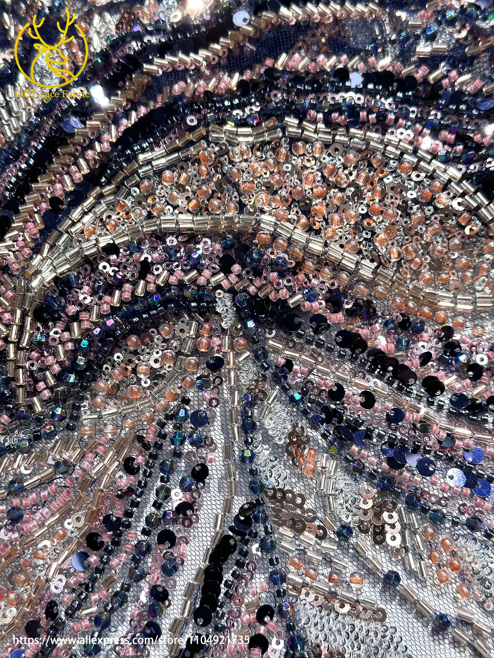 Rote französische handgefertigte Perlen-Spitzenstoffe 2026 Luxuriöse afrikanische nigerianische Pailletten-Spitzenstoffe für Hochzeitskleider – Detail 19