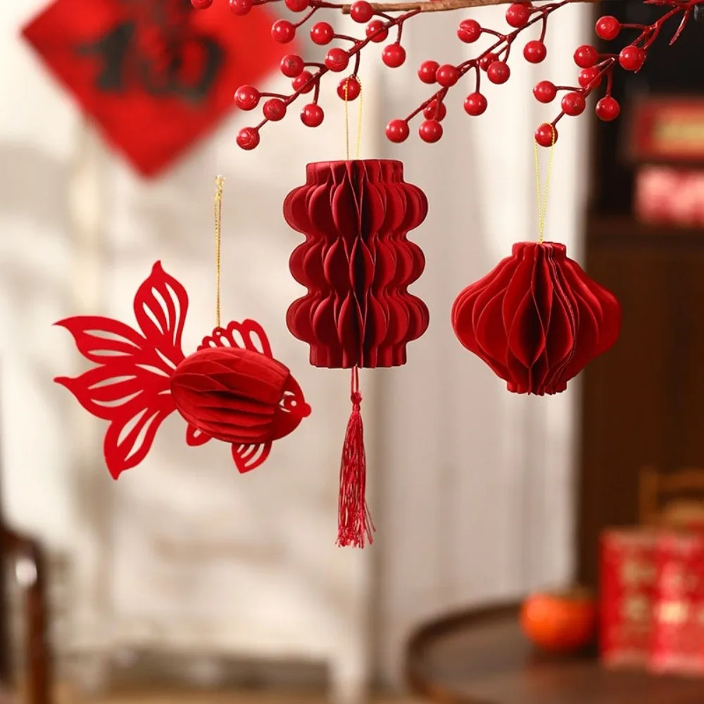 Red Chinese New Year Decoration Koi Chinese Knot Honeycomb Lantern Gourds Shape Small 3D Felt Pendant New Year Atmosphere