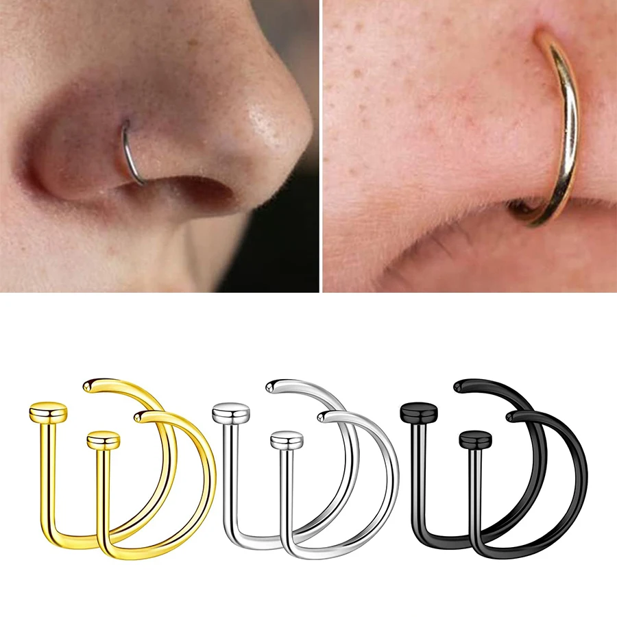 3 PCS 20G Nose Rings Hoops Surgical Steel D-Shaped Non Piercing Nose Tragus Cartilage Rings Piercing Jewelry