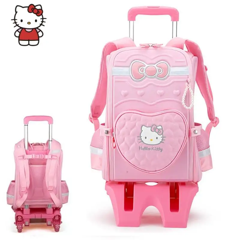 Kawaii Anime Hello Kitty Sanrio Trolley School Bag Girl Climbing Stairs Student Backpack Cute Cartoon Stationery Student Prize