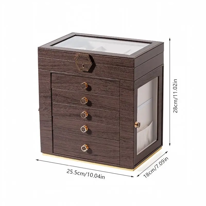 High-end vintage-style wooden grain multi-layer jewelry box (6-layer windowed storage box), ideal as a Valentine’s Day or birthd