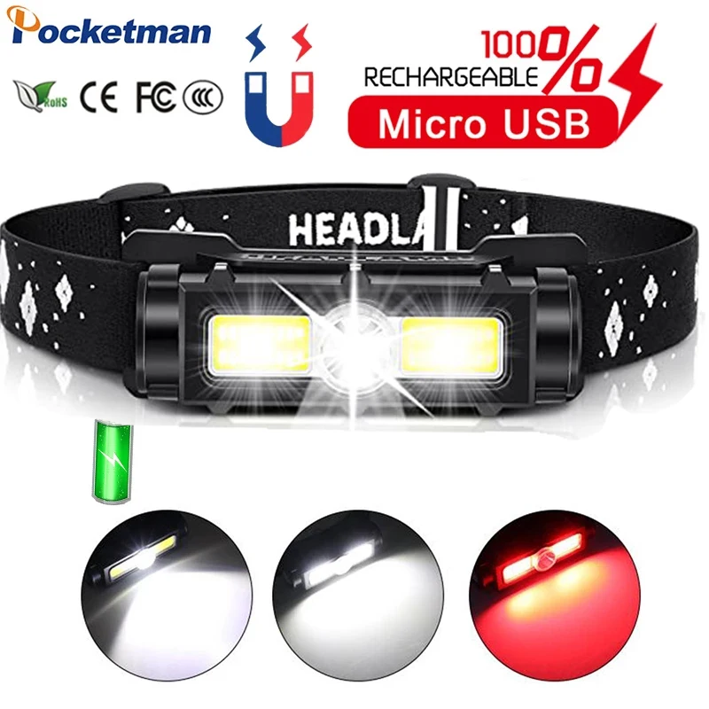 

Most Powerful Headlamp USB Rechargeable Head Lamp Waterproof Headlight With Red Warning Light Magnet for Camping Outdoor Lamp