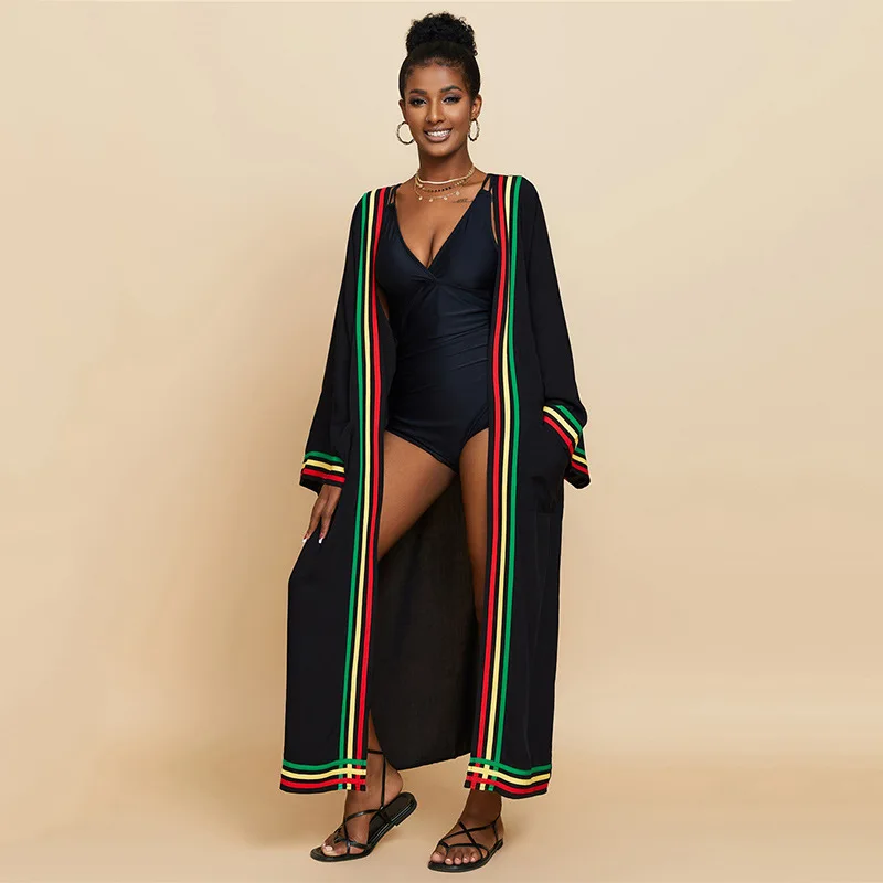 طويل قفطان عادية الأسود بيكيني التستر الخامس الرقبة الجانب سبليت شاطئ فستان صيفي ملابس النساء ملابس الشاطئ بدلة السباحة التستر