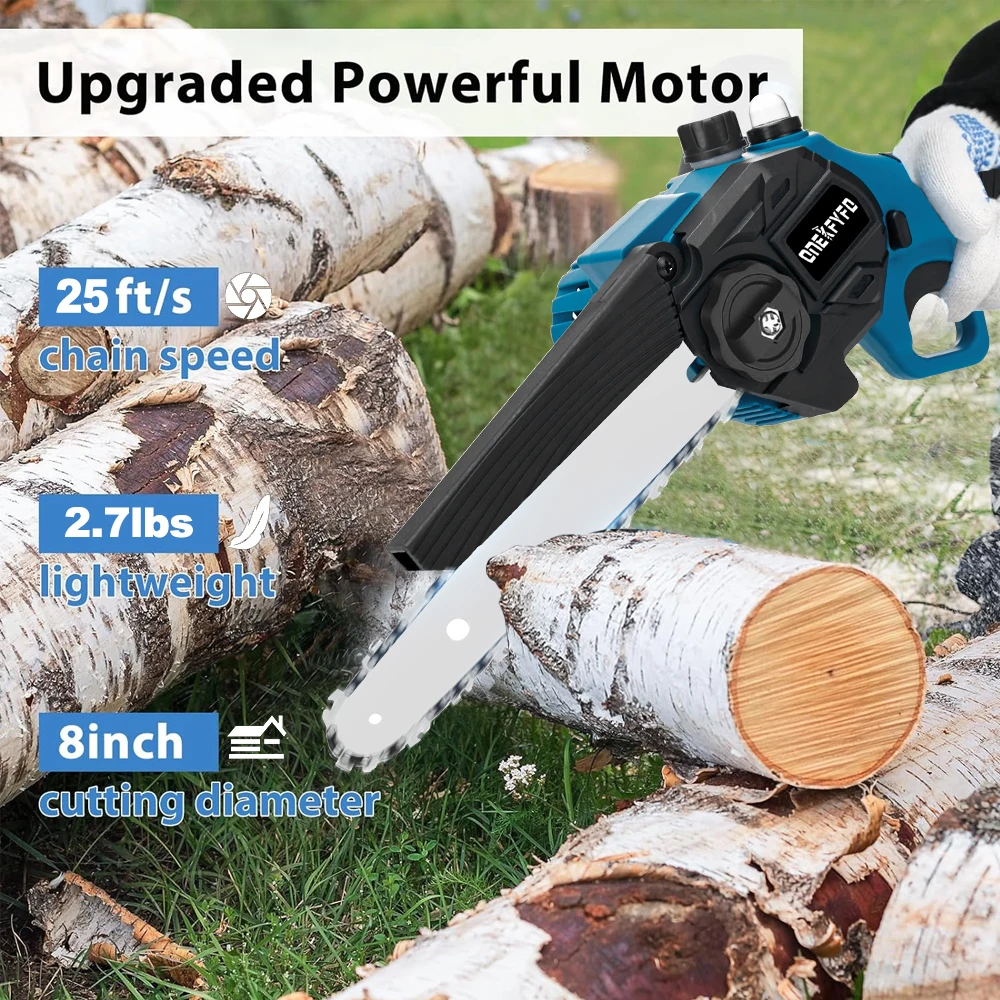 ONEKFYFD 8 Inch Mini Electric Saw Chainsaw Fruit Tree Woodworking Garden Tools Hand Held Wood Cutters For Makiita 18V Battery